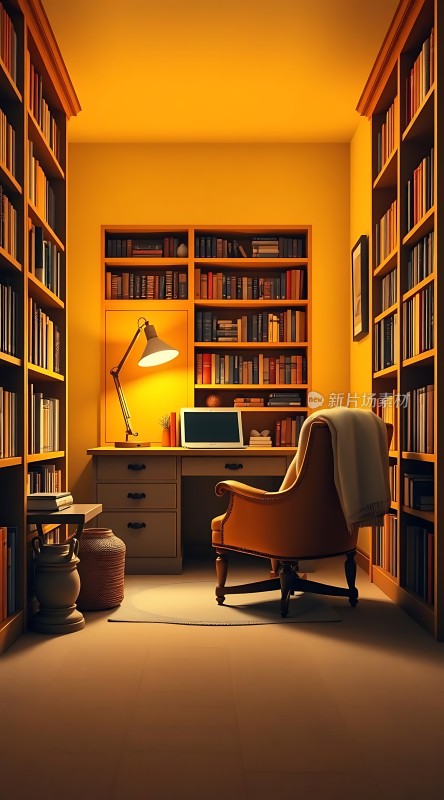 书房一角书架、桌椅与灯光营造温馨氛围
