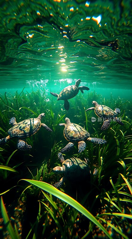 阳光下的海龟与绿草