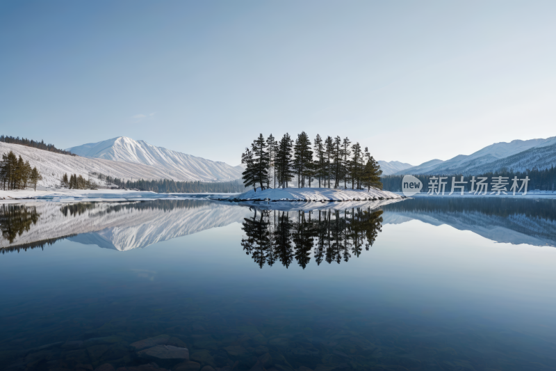 一个湖山几棵树高清风景图片