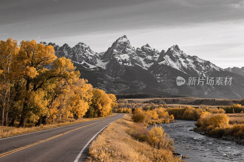 秋日山间公路风景图