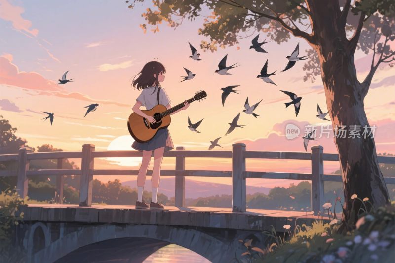女孩弹吉他桥上飞鸟插画