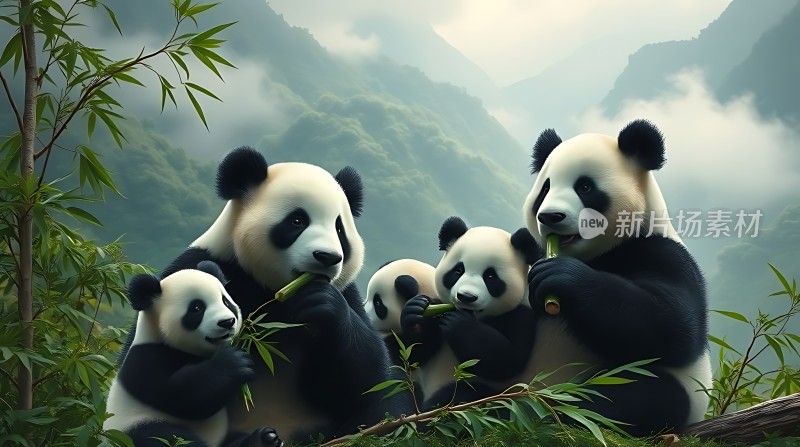 熊猫家族共度竹林时光