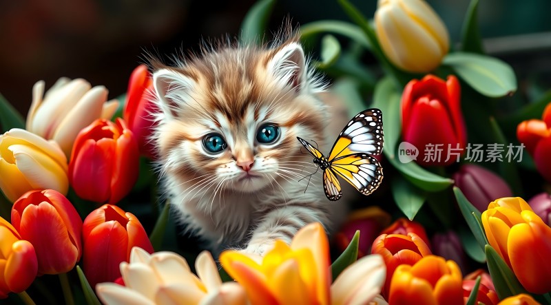 小猫与蝴蝶共舞于花丛间