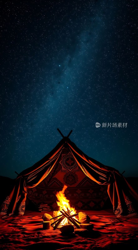 星空下的篝火旁帐篷静候