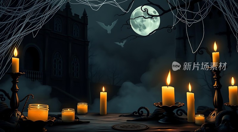万圣节之夜烛光下的神秘城堡
