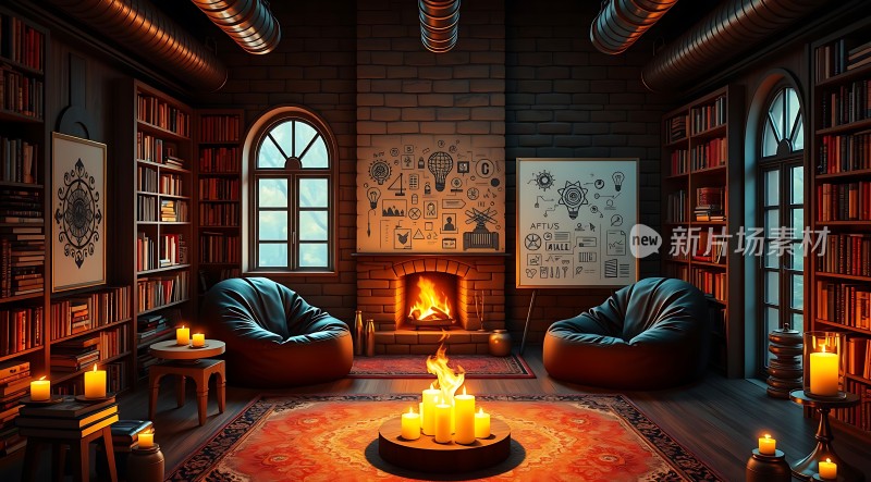 温馨书房壁炉与书架营造舒适氛围