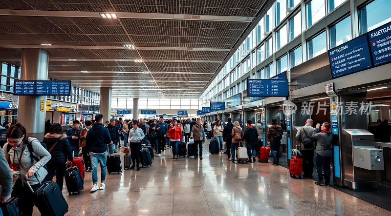 机场候机大厅人潮涌动旅客们拉着行李箱排队等待登机