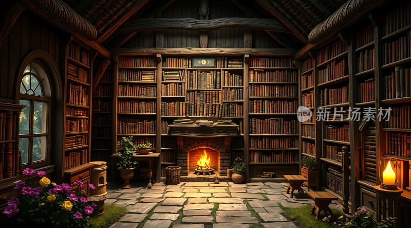 古色古香书房温暖壁炉旁的书海之旅