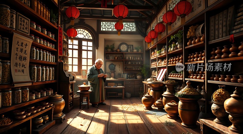 古风中药铺里的老人