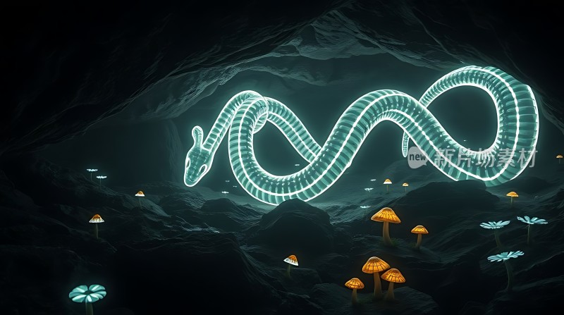 神秘洞穴中的发光蛇与蘑菇