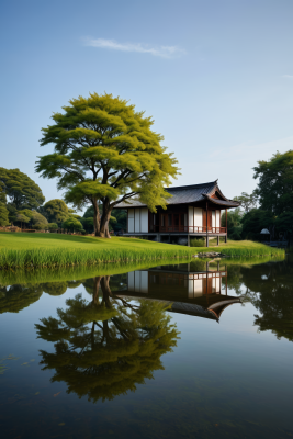 池塘旁边的草山上一座小房子高清风景图片