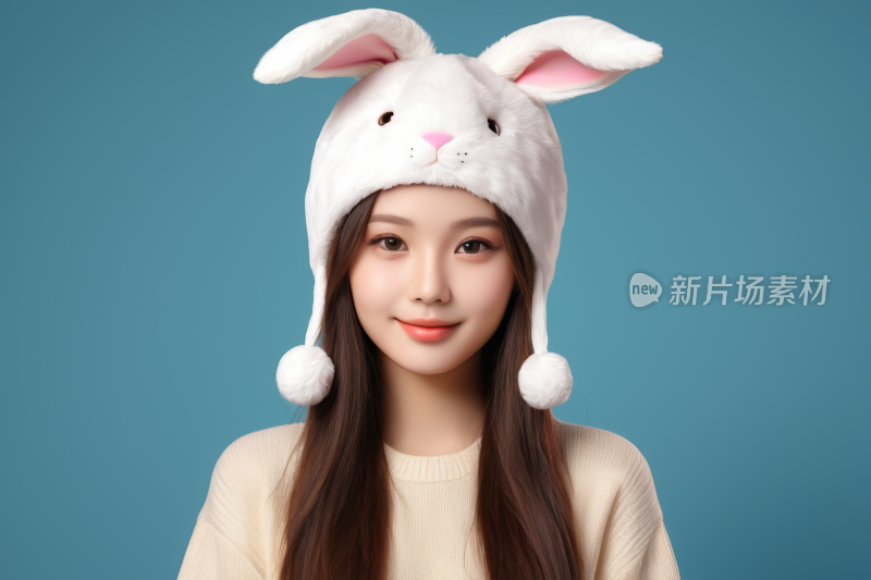 妇女戴着长发兔子帽子高清图片