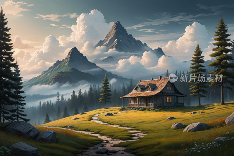 山地景观中的一间小屋一条小溪流经其中风景