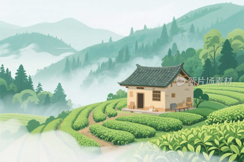 田园山水房屋风景插画