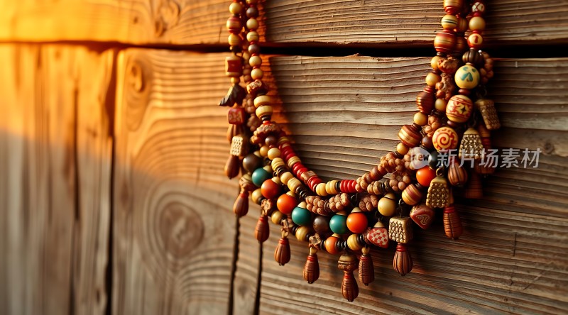 多彩珠串项链映衬木墙之美