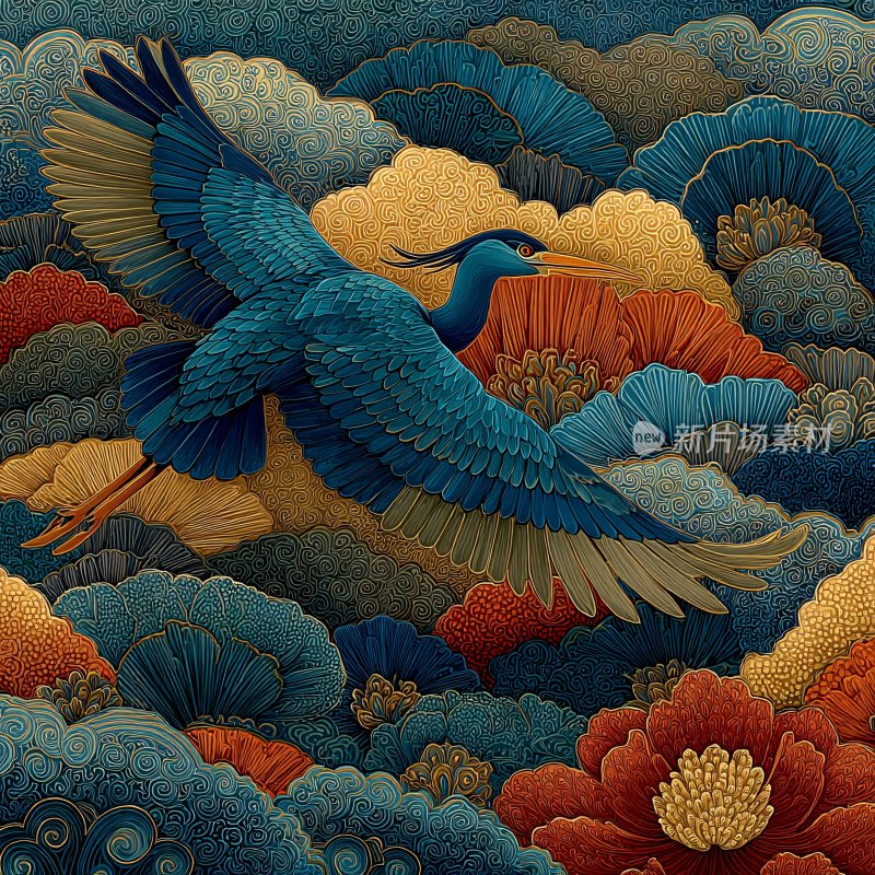 飞鹤穿梭于繁花云海插画