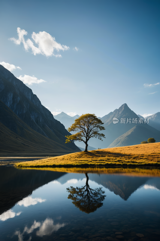 湖中央的一个小岛上一棵孤树高清风景图片