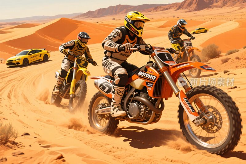 沙漠中摩托车手与越野车手竞速