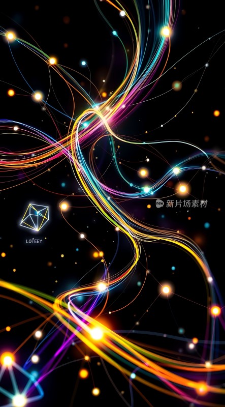 五彩斑斓的光线交织在黑色背景上