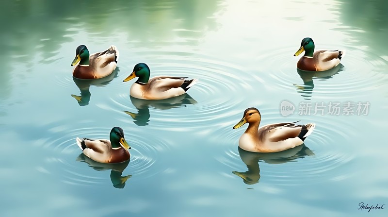 绿波荡漾间五鸭悠然游弋