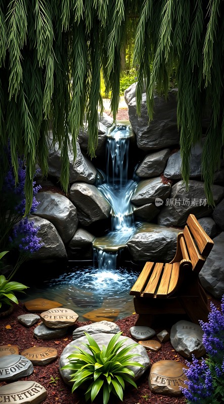 **宁静小溪旁的木椅**