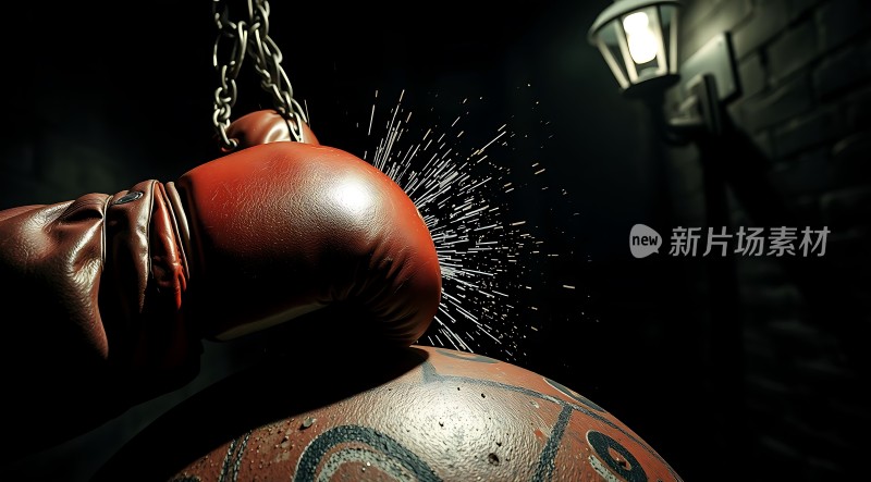 拳击手套与沙袋碰撞火花四溅展现力量与激情
