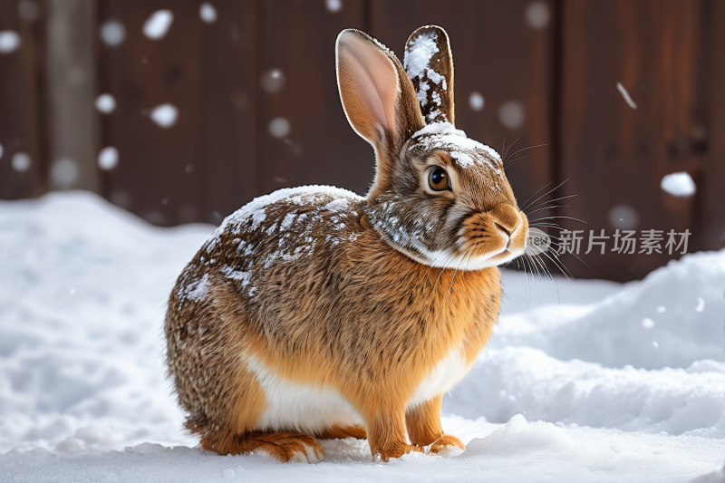 一只兔子坐在雪地里高清图片