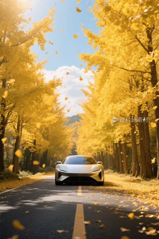 秋日公路上的白色汽车
