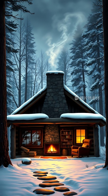 雪夜小木屋温馨 fireplace