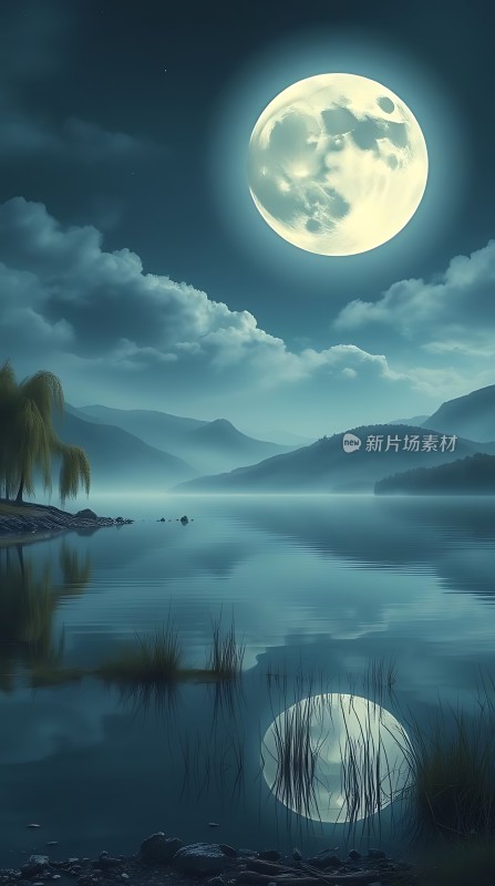 湖畔月影映波光