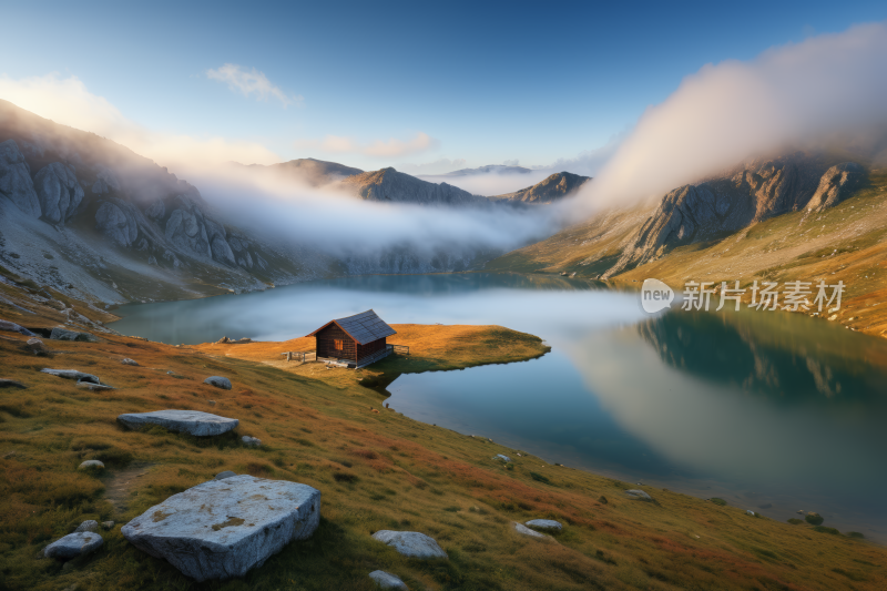 山上一座小木屋位于湖边的草山上高清图片