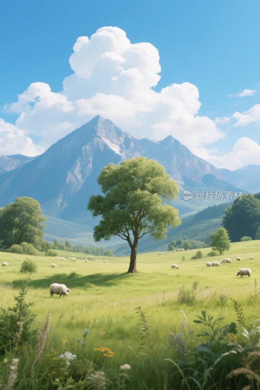 草原孤树与远山风景图