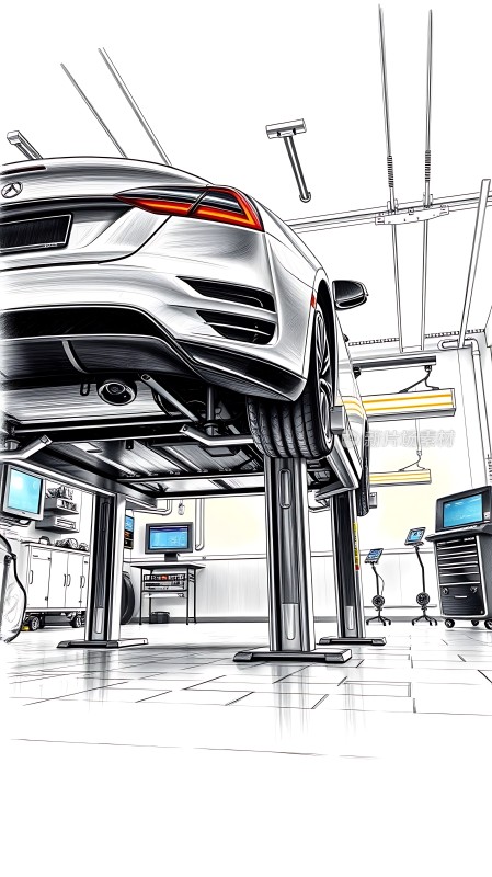 车间里的白色汽车维修场景