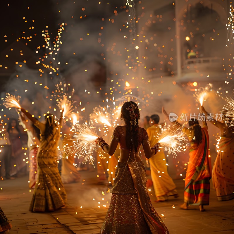 夜幕下身着华丽服饰的人们手持烟花欢快起舞