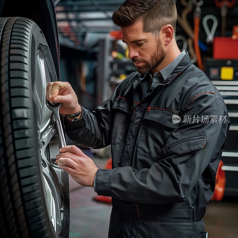 修车师傅专注检查车轮