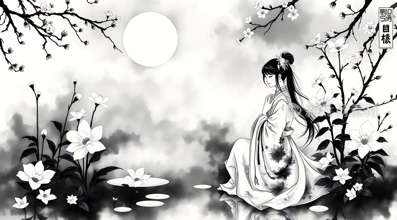 月下佳人赏花图