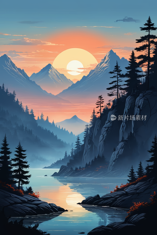 有河流和松树山地景观高清插画图片