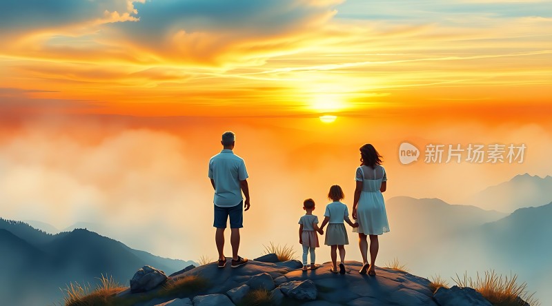 家庭共赏日落美景