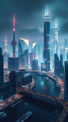 上海夜景黄浦江畔的现代都市风光