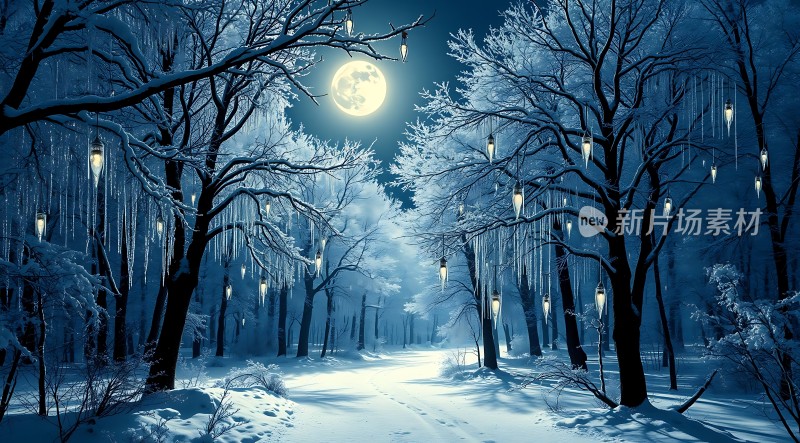 雪夜月下冰树银装神秘而美丽