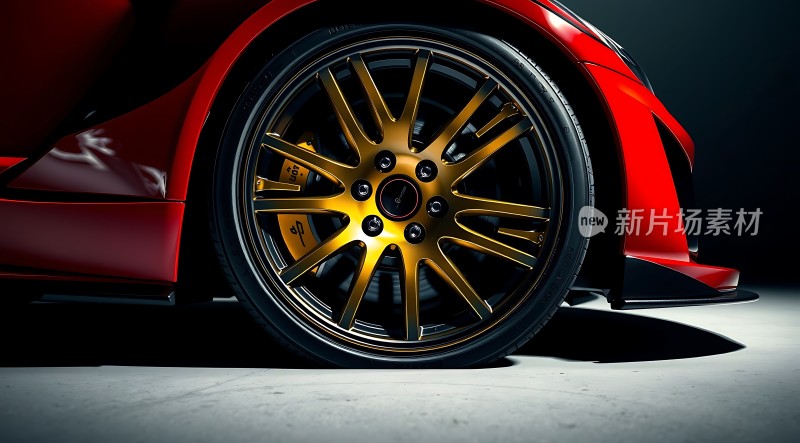 红色跑车车轮特写金色轮毂闪耀黑色轮胎与车身相得益彰