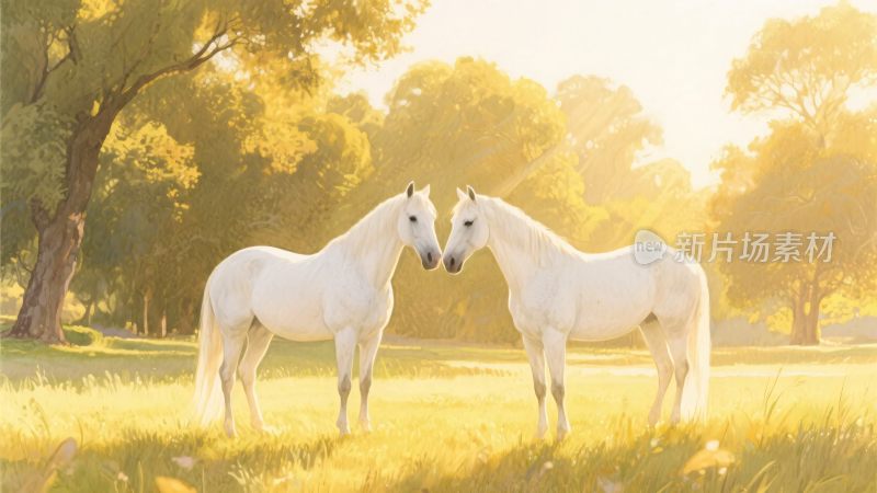 阳光下草地中的两匹白马