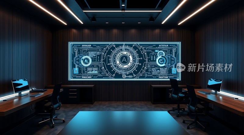 科技感十足的会议室未来主义风格设计蓝色灯光照亮工作区