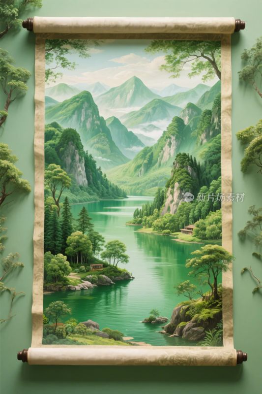 山水画卷风景插画
