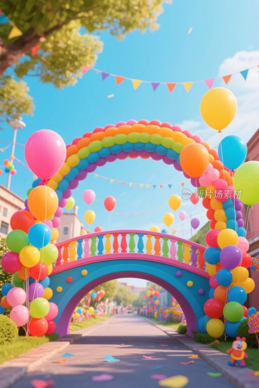 彩色气球拱桥插画场景