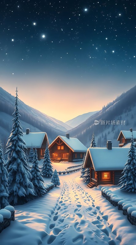 雪夜星空下的温馨小屋