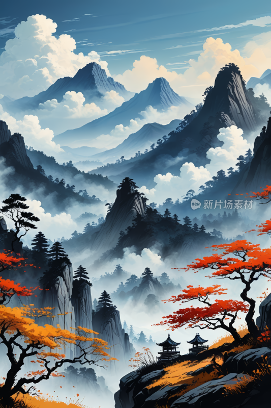 红树和山脉山地景观高清插画图片