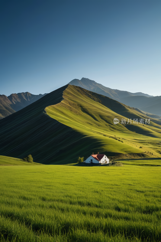 草地中间一座房子山脉高清风景图片