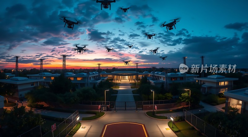无人机编队飞越现代建筑群日落时分