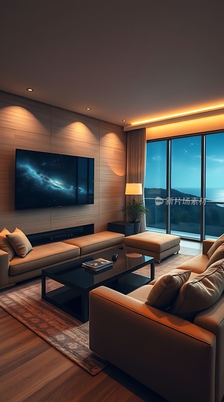 现代客厅舒适沙发大屏幕电视落地窗景观